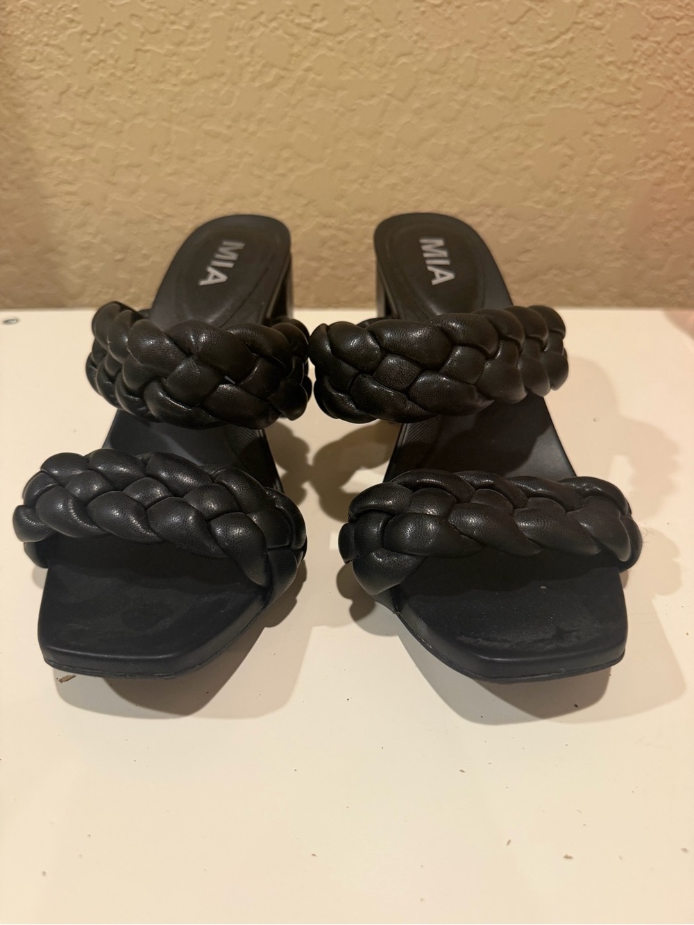 MIA Black Braided Double-Band Block Heel Slides